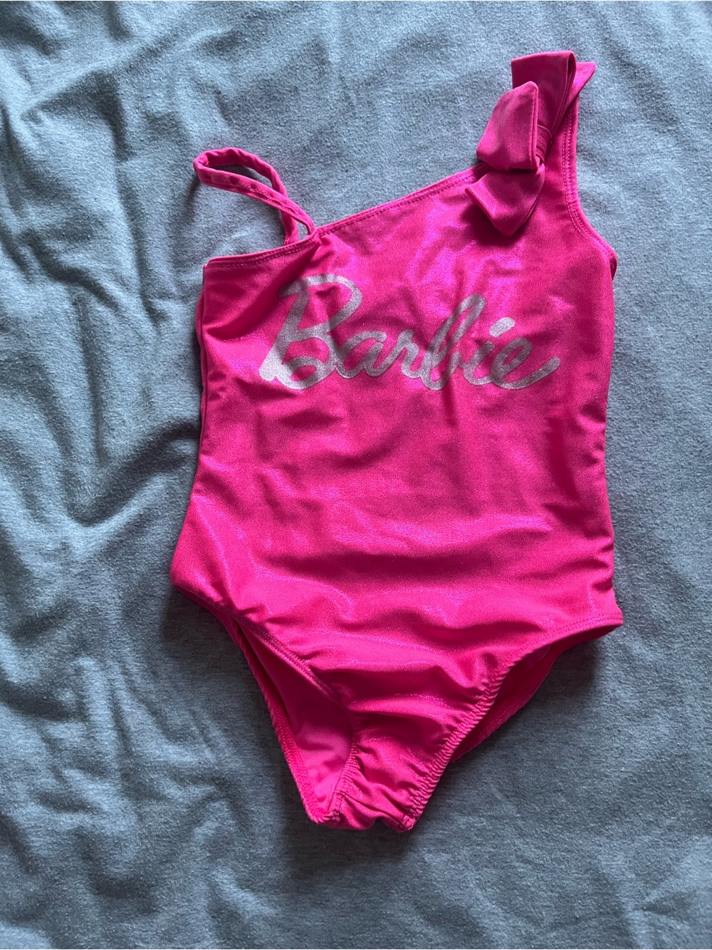 Barbie Bright Pink One-Shoulder Kids Swim One-Piece with Bow